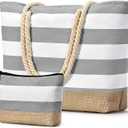 Becokan Beach Bag Initial Beach Tote with Makeup Bag for Travel Work Storage Personalized Birthday Gifts for Women Her Light Grey