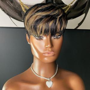 Pixie wigs Human Hairs for Black Women Short Wigs for Women 1b/30 Color Glueless Short Layered Pixie Cut Human Hair Wig With Bangs Full Machine Made Wear and Go Wig (1b/30)