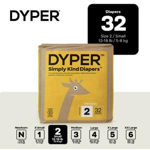 DYPER Monthly Pack Baby Diapers Size 2 (12-18 lbs) 32 Count - Leak-Proof & Plant Based, Hypoallergenic and Ultra Absorbent Size 2 Diapers for Day and Overnight Skin Protection 