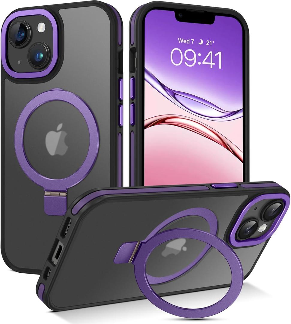 DUEDUE for iPhone 14 Case Magnetic, Phone Case for iPhone 13 with Stand[Compatible with Magsafe], Translucent Matte Back Cover Slim Shockproof Phone Case for iPhone 13/14 6.1", Purple/Black