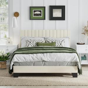 Full Size Platform Bed Frame, Velvet Upholstered, Tufted Adjustable Headboard, No Box Spring Needed, Beige (Beige, Full)