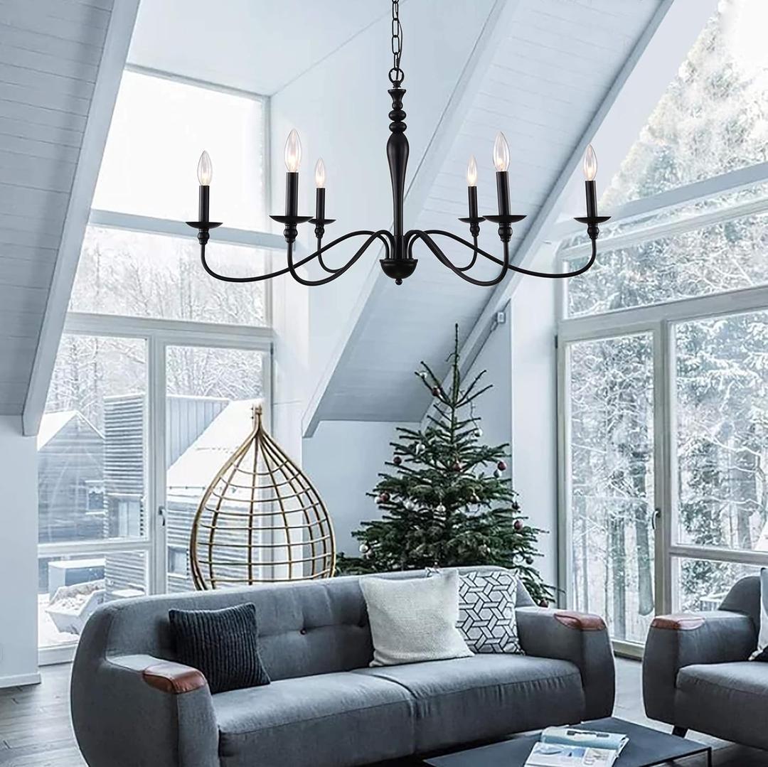 PAPAYA Farmhouse Chandelier 6-Light Black Industrial Classic Candle Ceiling Rustic Pendant Lights Fixture for Dining Living Room Bedroom Kitchen Island Hanging Lighting Black PAPAYA Farmhouse Chandelier 6-Light Black Industrial Classic Candle Ceiling Rustic Pendant Lights Fixture for Dining Living Room Bedroom Kitchen Island Hanging Lighting Black