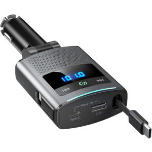 Nulaxy 80.5W Bluetooth 5.3 Car Adapter with 35.4" Retractable Charging Cable, 3 Fast Charging Ports [Type-C, USB A, Lightning Adapter], FM Radio Transmitter Hands-Free Calling, Gray