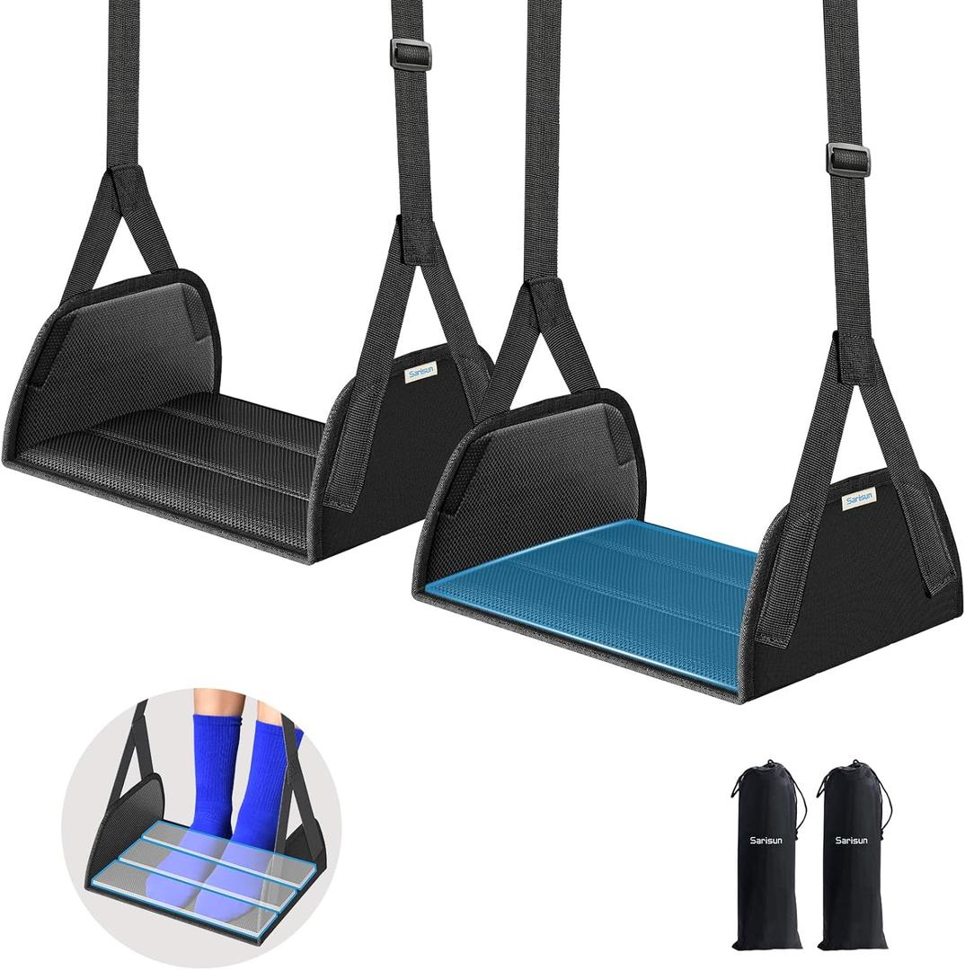 2-Pack Airplane Foot Hammock for Travel, No Collapse Plane Foot Hammock with Wide Hardboard Support, Portable Foot Sling for Under Desk with Adjustable Strap, Carry Bags for Women & Men