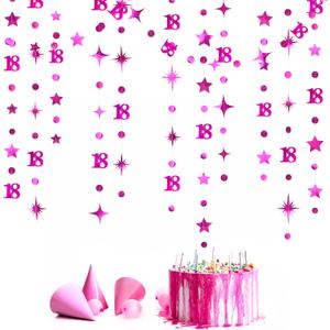Hot Pink 18th Birthday Decorations Number 18 Circle Dot Twinkle Star Garland Metallic Streamer Banner Backdrop for Girls Happy 18th Birthday Time to Adult Cheers to 18 Years Old Anniversary Party