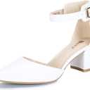 IDIFU Women's IN2 Pedazo Dress Shoes Low Block Heels Comfortable Chunky Closed Toe Ankle Strap Wedding Pumps (5, White Pu)
