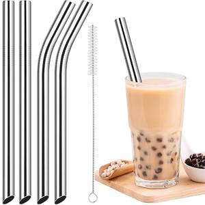 NiHome 4-Pack Stainless Steel Smoothie/Milkshake Straws, 0.5'' Extra Wide Reusable Metal Straw, Extra Long Straight & Bent Drinking Straws for Boba, Thick Beverages, Cold Drinks, 1 Brush (Silver)