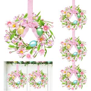 Easter Decorations 4 Pack 12 Inch Easter Wreath for Kitchen Cabinets Window, Mini Easter Wreath with Colorful Eggs Flowers Berried Leaves Bow Artificial Easter Wreaths for Door Wall Stair Home Decor