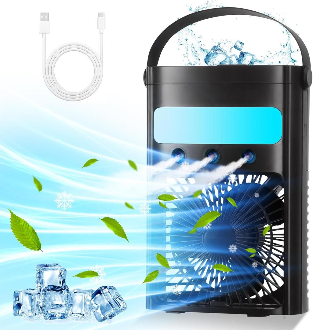 Portable Air Conditioners Upgraded Evaporative Air Cooler Fan with 3 Cool Mist & Speeds, 7 LED Ligh & 2-4H Timer Cold AC 700ML Personal Mini Air Conditioner Air Coolers for Car Home Office