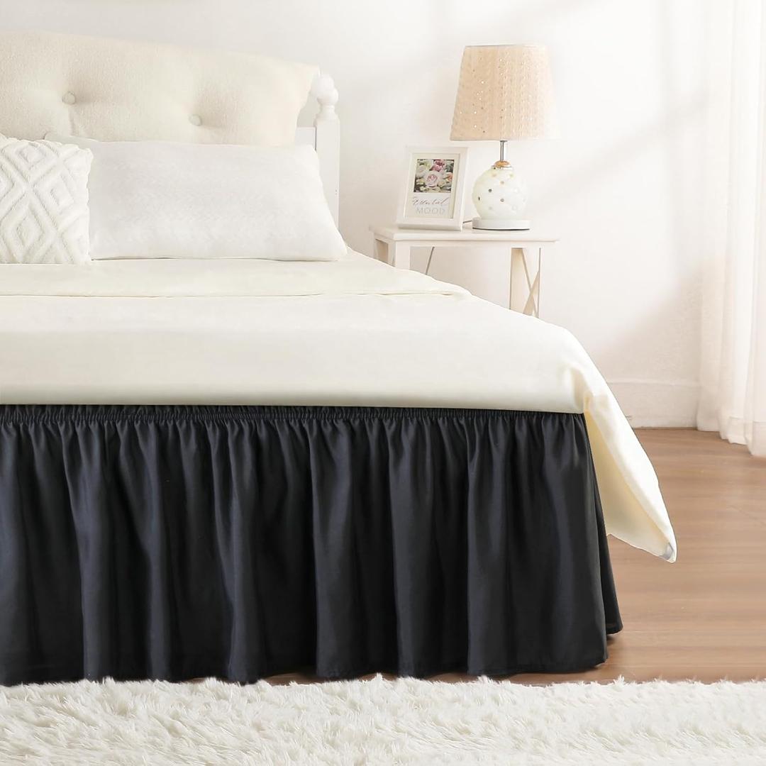 RIMELA Bed Skirting Queen Size Black Bed Skirt 12 Inch Drop, Wrap Around Elastic Adjustable Bedskirt, Dust Ruffle for Bed Frame & Box Spring Soft Durable Fabric Machine Washable Easy to Install