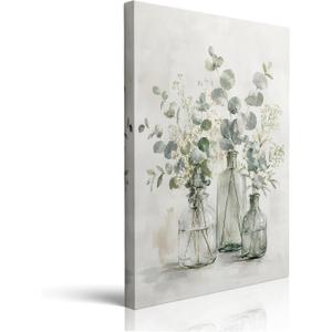 Botanical Canvas Wall Art Framed Eucalyptus Glass Vase Painting Print Posters Wrapped Canvas Wall Decor Neutral Plant Artwork for Bedroom Living Room Bathroom Kitchen Office Nursery Gift 16x24 Inches