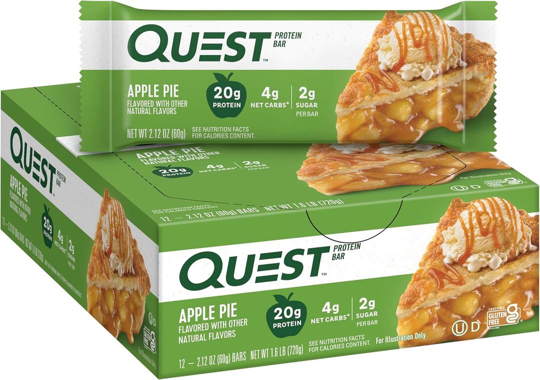 Quest Nutrition Apple Pie Protein Bar, 20g Protein, 4g Net Carbs, 2g Sugar, Gluten Free, Keto Friendly, 12 Count (EXP 08/10/26)