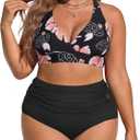 American Trends Womens Bikini Set - Tummy Control, High Waisted 2 Piece Swimsuits Bathing Suits (Pink Flower,  14 Plus)