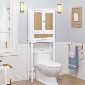 Spirich Over The Toilet Storage Cabinet with Rattan Doors, Over Toilet Bathroom Organizer with Tilt-Out Cube and Adjustable Shelf, 24.6 Inches X 9 Inches X 63.8 Inches