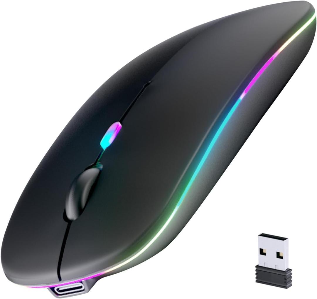 Wireless Bluetooth Mouse, Rechargeable, LED, Silent, Ultrathin Design (Bluetooth 5.2 and 2.4GHz USB Receiver) | Portable Computer Mouse for Laptops, iPads, MacBooks and Apple Devices (Black)