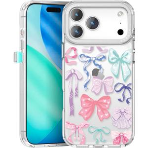 pcgaga Aesthetic Phone Case for iPhone 17 Pro 6.3" with Embossed Patterned Hard Clear Back Cover,Slim TPU Bumper,Camera Frame -360°Shockproof Full Protection, Colorful Bow