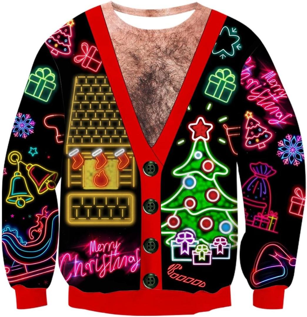 Mens Ugly Christmas Sweater Novelty 3D Graphic Long Sleeve Junior Xmas Sweatshirt Size S-3XL (L)