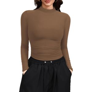 Laughido Women's Mock Neck Long Sleeve Slim Fit Double Lined T-Shirt Casual Basic Crop Tops 2025 Fall Clothes (Medium, Coffee)