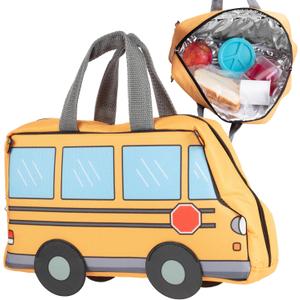 Kid's Insulated School Bus-Shaped Lunch Box w Strap- Keeps Food Hot or Cold For Hours- Reusable Bag Fits Ice Packs, Bento Containers, Thermoses Easily- Make Back to School Lunches Fun for Boys & Girls