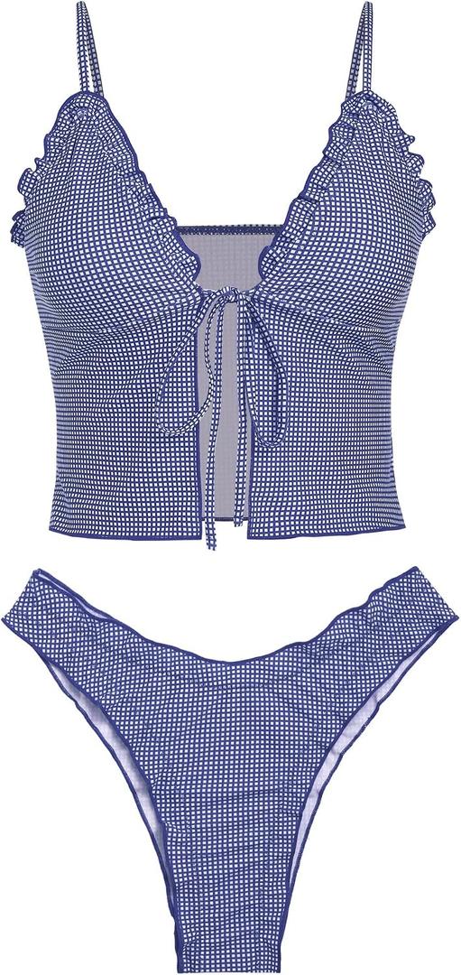 seamoly Women's Tankini Sets Tie Front Ruffle Bikini Set High Cut Thong Two Piece Swimsuit Floral Gingham Bathing Suit, Size: M