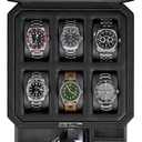 ROTHWELL 6 Slot Leather Watch Box with Valet Drawer - Luxury Watch Case Display Organizer, Microsuede Liner, Locking Mens Jewelry Watches Holder, Men's Storage Boxes With Large Glass Top (Black/Grey)