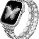 fastgo Silver Beaded Bracelet Band Compatible with Apple Watch Bands 44mm/45mm/42mm/49mm Women, Natural Pearl Beaded Elastic Stackable Strap for Iwatch Bands(Silver)