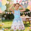 Gorkonpy Easter Dresses for Girls Toddlers Kids Bunny Flower Dress for Spring Party (Blue)