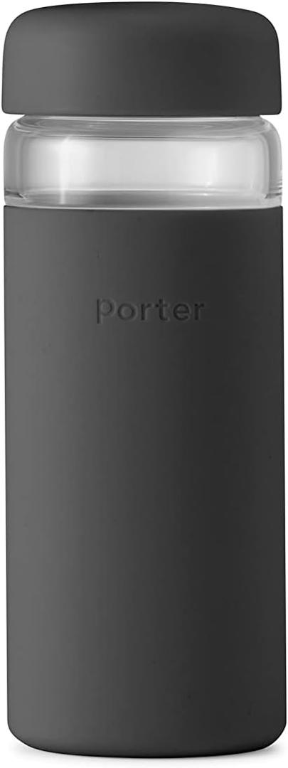 W&P Porter Glass Wide Mouth Bottle w/ Protective Silicone Sleeve | Charcoal 16 Ounces | On-the-Go | Reusable Bottle | Portable and Lightweight | Dishwasher Safe