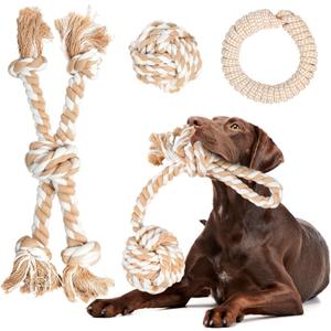 Fida Heavy Duty Dog Rope Toys for Aggressive Chewers 4pcs Pack  Natural Cotton Dog Chew Toys for Large Dogs, Tug-of-War & Fetch Rope Ball/Ring/Knot/Twist to Keep Them Busy
