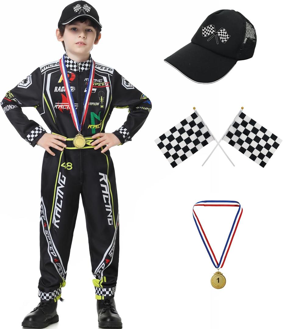 Race Car Driver Costume Boys Racer Jumpsuit With Car Cap Kids Dress Up for Halloween (No Size, Black)