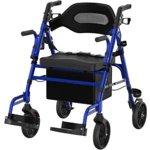Walkers for Seniors with Seat, Extra Wide 2 in 1 Rollator Walker & Transport Chair with Reversible Backrest & Detachable Footrests, Foldable Wheelchair Combo with 8" Anti-Slip PU Wheels, Blue