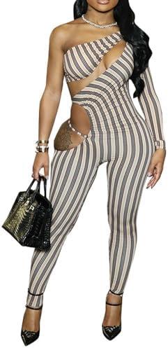 VOIKERDR Womens Jumpsuit Skeleton Single Long Sleeve Striped Print Jumpsuit Party Sexy Outfit for Women Going Out L