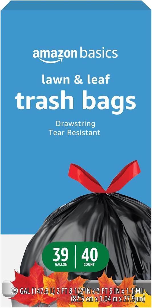 Basics Lawn & Leaf Drawstring Trash Bags, 39 Gallon, 40 Count, Black, Unscented