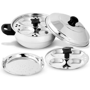 KSJONE Stainless Steel 4 pcs Multi Kadai (Induction Friendly) Idli Cooker with Stainless Steel lid, 2 idli Plates (8 Idlis), 1 patra Plate, Silver