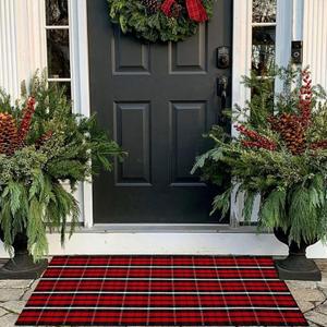 Buffalo Plaid Outdoor Rug Christmas Door Mat Christmas Decor Welcome Rug Cotton Hand-Woven Layered Door Mats for Front Porch, Kitchen, Farmhouse, Entryway (24"x51", Red/Black/White)