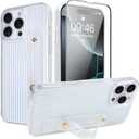 LSL for iPhone 16 Pro Max Case with Wrist Strap Kickstand + Screen Protector, Transparent Vertical Stripes Design Slim Soft TPU Shockproof Anti-Scratch Protective Case for Women Girls, White