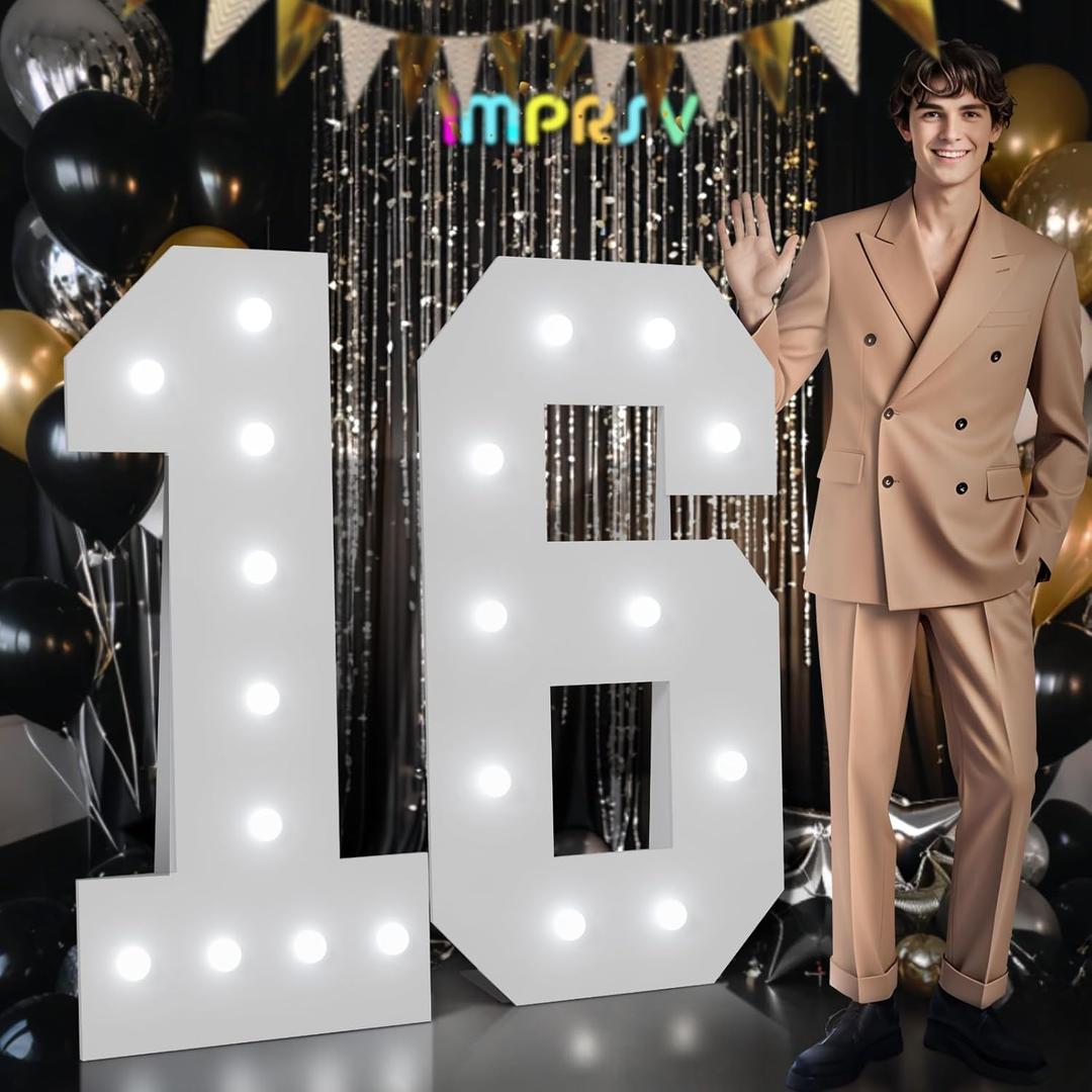 Marquee Numbers 16th-Birthday Decorations: Large 4ft Light up Number Balloon for Party Big Sweet 16 Birthday Decoration Sixteen Year Old Girl Boy Anniversary Foam Board Wall Number 16