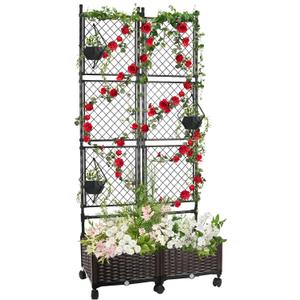 Kalolary 170CM Raised Garden Bed with Metal Trellis, Large Plastic Planter Box with Drainage Hole on Wheels Tomato Planters Climbing Trellis Outdoor Indoor for Climbing Plants Vegetable Flowers Vine