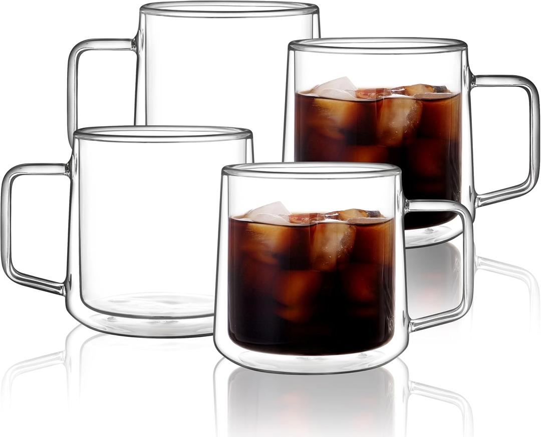 CNGLASS 15oz(4-pack) Double Walled Glass Coffee Mugs, Large Insulated Glass Mugs with Handle, Clear Coffee Cups for Espresso, Latte, Cappuccino, Tea