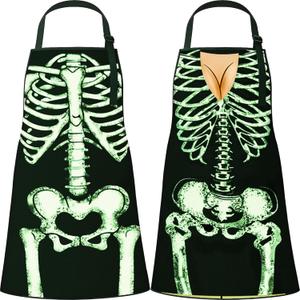 2 x 2PCS Halloween Glow-in-the-Dark Skeleton Apron Couples Cooking Aprons, Luminous Cosplay Costumes for Adults, Family, Teacher, Group, Women, School Party Supplies Decorations (Black, S)