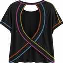 LilyCoco Women Open Back Workout Tops Loose Fit Criss Cross Short Sleeve Athletic Shirts (Black, M)
