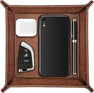 SITHON Valet Tray Desktop Storage Organizer – Premium PU Leather Catchall Bedside Vanity Tray Nightstand Caddy Holder for Remote Controller, Keys, Phone, Wallet, Coin, Jewelry, Brown