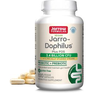 Jarrow Formulas Jarro-Dophilus + FOS - 3.4 Billion Organisms Per Serving - 100 Veggie Caps - Prebiotic & Probiotic - Nutritional Support to Beneficial Bacteria - Up to 100 Servings, BB 09/24