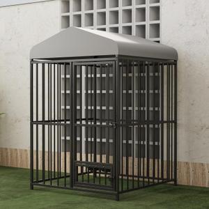 4X4x6FT Large Outdoor Dog Kennel, Metal Dog Cage with Waterproof Roof for Backyard, Rotating Feeding Bowl and Lock for All Dog Breeds,