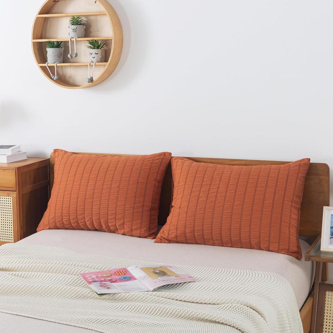 H Household Seersucker Washed Microfiber Pillowcases Set of 2 Ultra Soft & Comfortable, Envelope Closure, Queen Size 20x30 Inches - Textured Design, Easy Care, Wrinkle-Resistant (Burnt Orange)