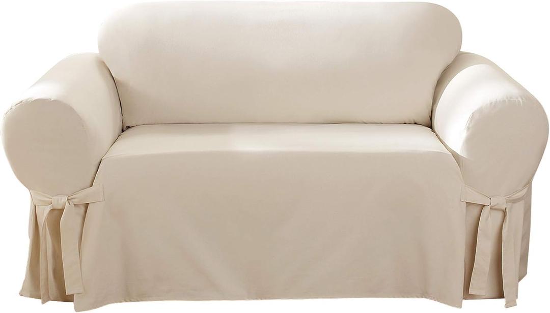 SureFit Duck Cotton Loveseat Box Cushion Slipcover - One Piece Slipcover, Relaxed Woven Fit, 100% Cotton, Machine Washable (Loveseat, Natural)