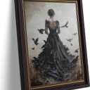 Dark Brown Framed 3D Texture Dark Academia Wall Art Gothic Raven and Woman Painting Picture Wall Decor Victorian Back Women Poster Print Artwork for Living Room Bedroom Home Decoration