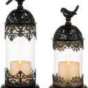 Nuptio Vintage Pillar Candle Holders Moroccan Wrought Iron Hurricane Candle Holder Ornate Centerpiece for Mantlepiece Decorations, Candlestick Holders for Table Living Room Balcony Garden, 2 Pcs (Black)