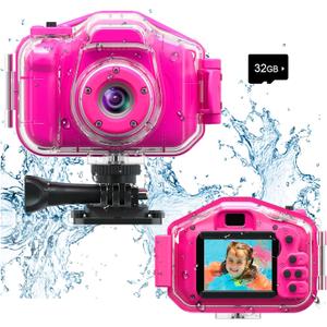 Agoigo Kids Waterproof Camera - Children Underwater HD Video Digital Camcorder, Portable Travel Toy for Toddler - Ideal Christmas Birthday Gifts for Boys Girls Age 3-12 with 32GB Card (Rose Red)
