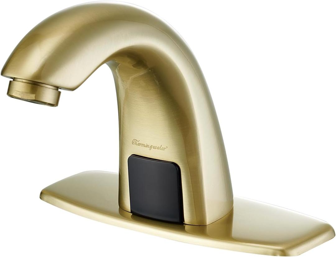Charmingwater Touchless Bathroom Sink Faucet, Motion Automatic Sensor Faucet with Hole Cover Plate, Brushed Gold